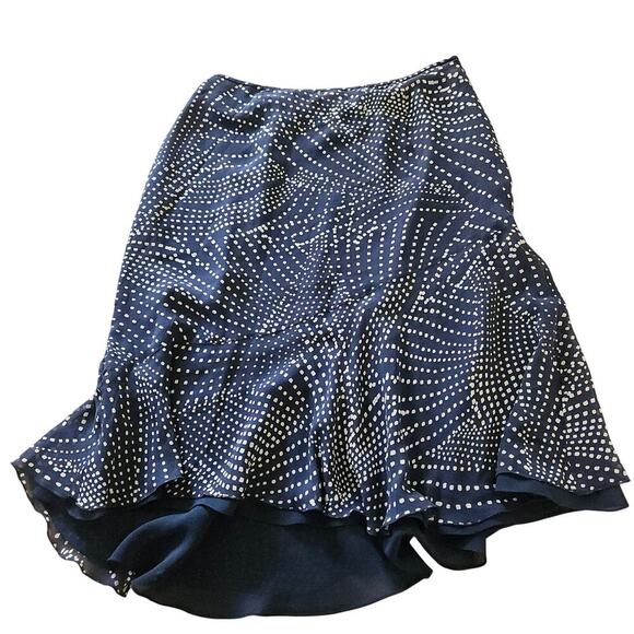 Vintage ADRIANNA PAPELL Navy Blue 100% Silk Midi Flared Asymmetrical Skirt Sz 12 - Picture 3 of 7